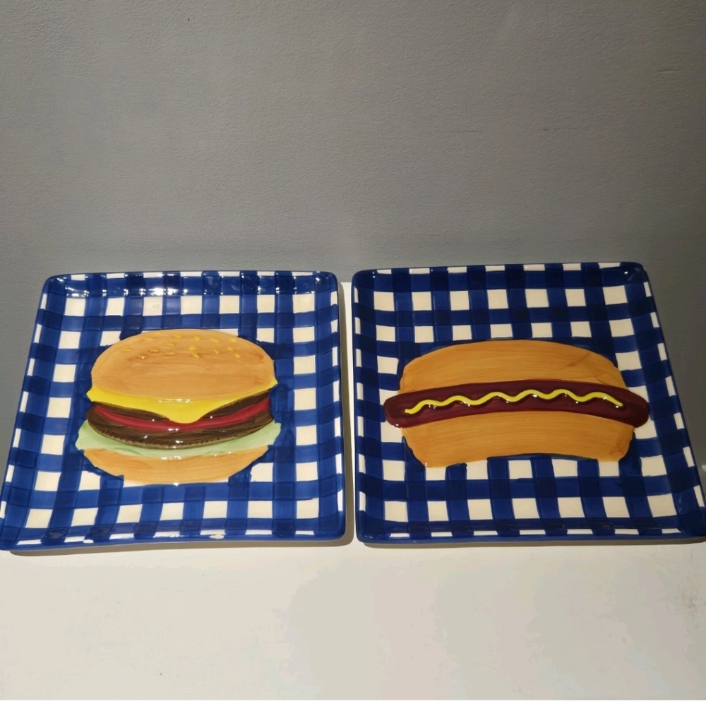Nantucket Home Set of 2 Blue Gingham Check 3D Cheeseburger Hot Dog Plates 8x8 in